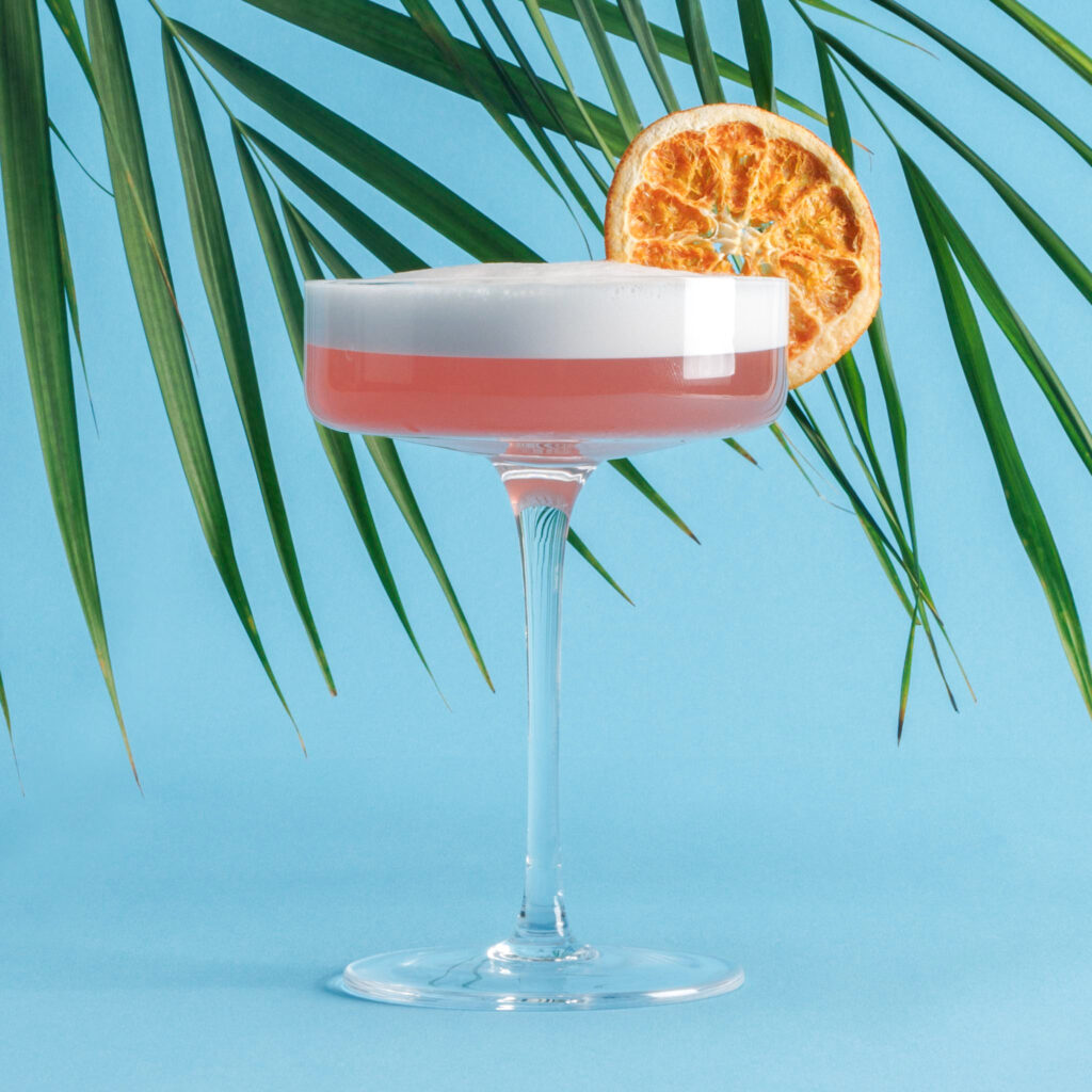 Blushing-Rose-Cocktail im Coupe-Glas mit Schaumschicht und Rosenblütenblatt - Foto vom Servieren eines rosa Cocktails