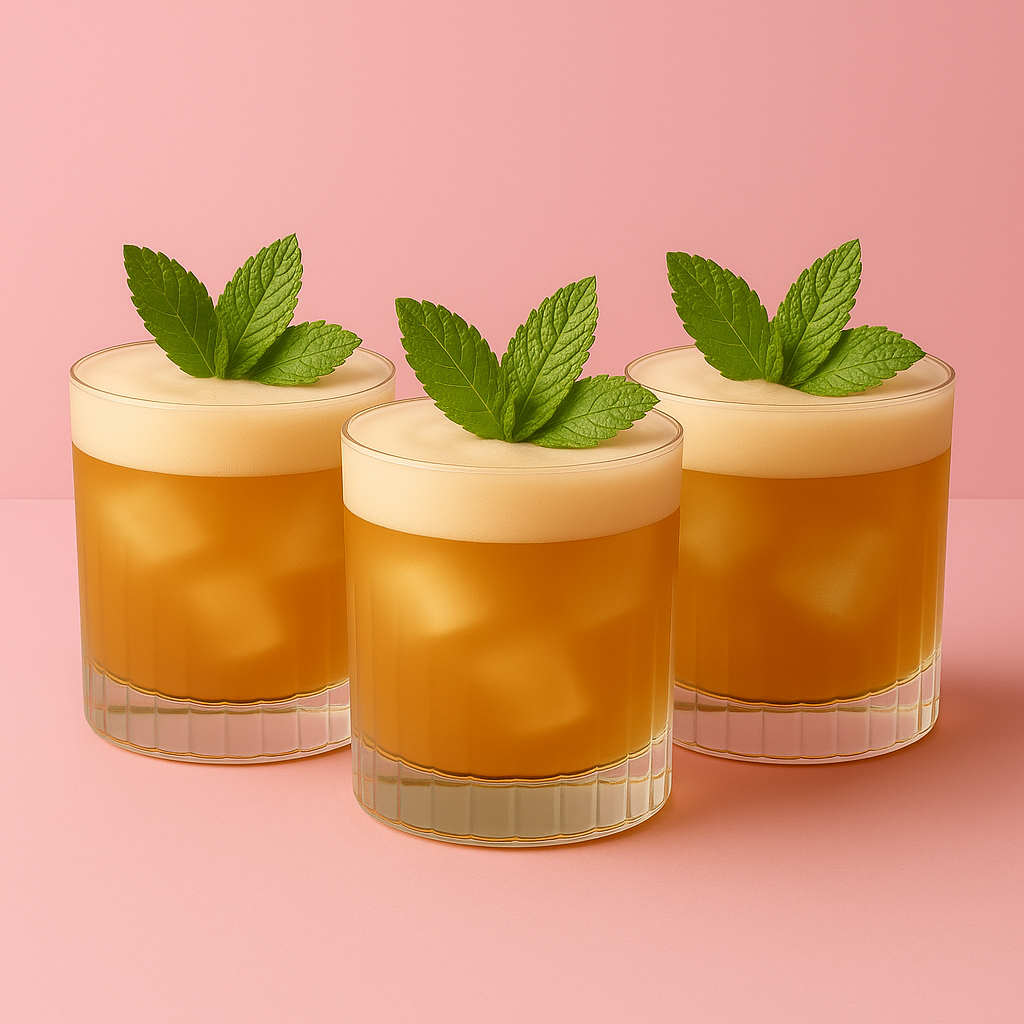 Drie glazen Mai Tai cocktails met schuimlaag en verse munt, strak op een rij tegen een pastelroze achtergrond.
