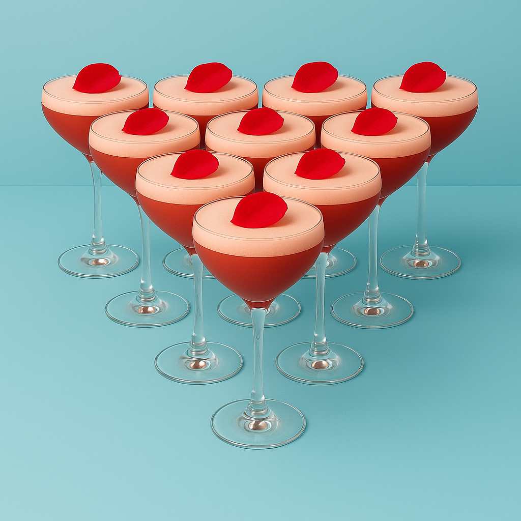 Twaalf Blushing Rose cocktails met rode rozenblaadjes, strak uitgelijnd in piramidevorm op een lichtblauwe achtergrond