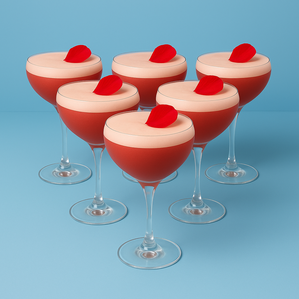 Sechs Blushing-Rose-Cocktails mit Schaum und roten Rosenblättern in Coupe-Gläsern, auf blauem Hintergrund