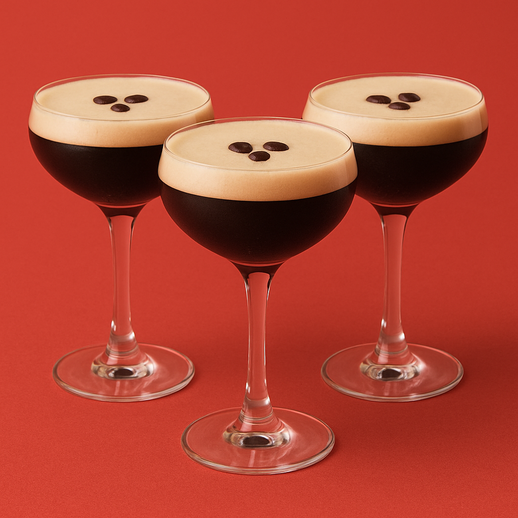 Drei Espresso Martinis in Coupe-Gläsern mit cremigem Schaum und drei Kaffeebohnen vor einem roten Hintergrund.