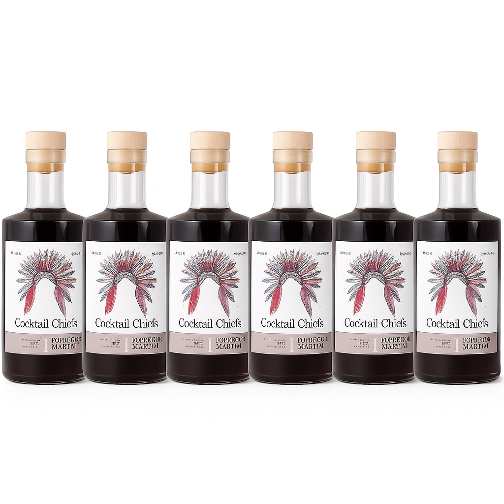 Six 700ml bottles of Espresso Martini next to each other in line