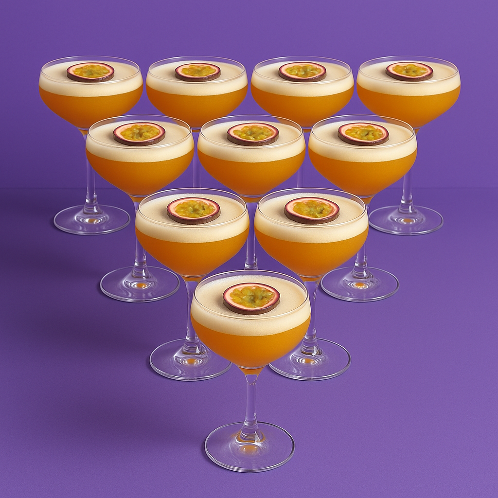 Twaalf Pornstar Martini cocktails in coupeglazen met halve passievrucht en romige schuimlaag, gepresenteerd in piramide-opstelling op een paarse achtergrond