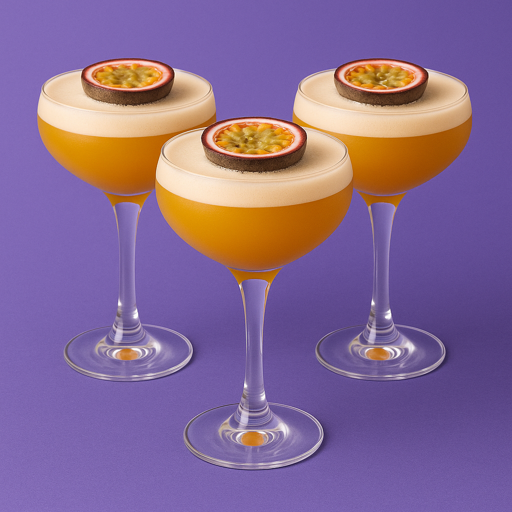 Drie Pornstar Martini cocktails in coupeglazen met schuimlaag en halve passievrucht, op een paarse achtergrond