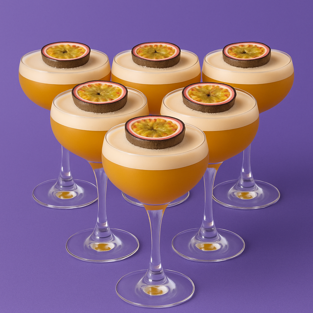 Zes Pornstar Martini cocktails in coupeglazen met passievrucht en schuimlaag, strak opgesteld tegen een paarse achtergrond