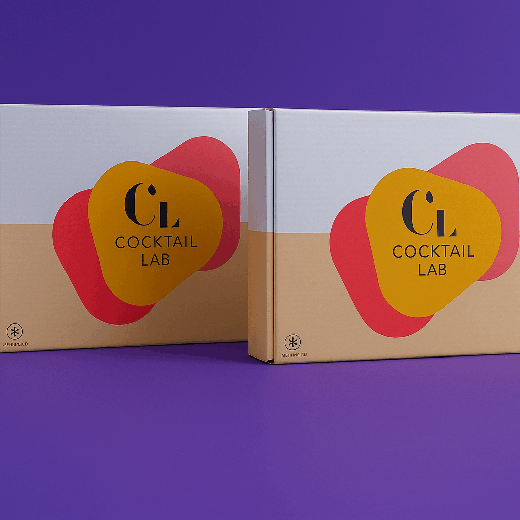 Twee Cocktail Lab Proeverij Boxen op een paarse achtergrond