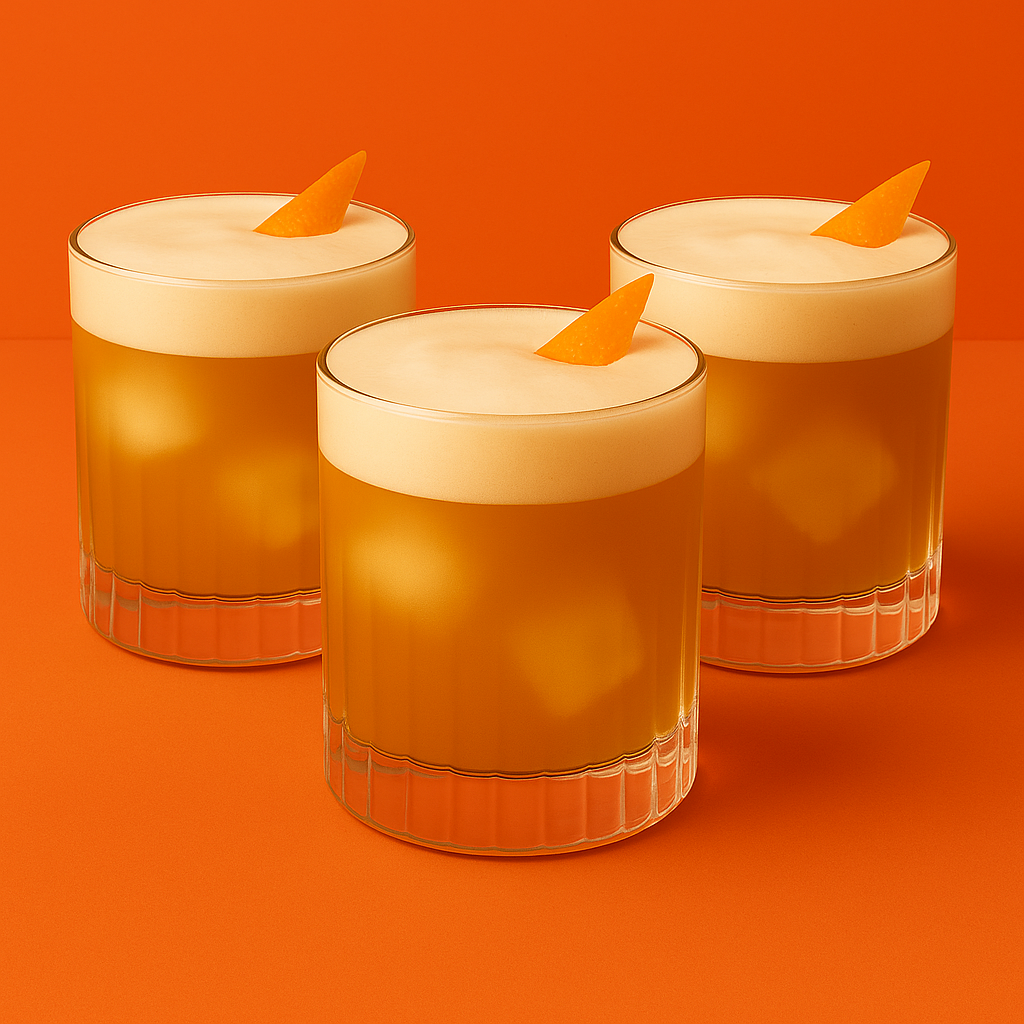 Drei Gläser Schrobbeler Sour-Cocktails mit Schaum und Orangenzesten